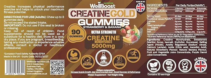 Creatine Gold – 5000mg Creatine Monohydrate Vegan Sugar-Free Gummies for Lean Muscle Growth Endurance Recovery &amp Energy (1 Month Supply) in Starwberry and Banana Flavour.