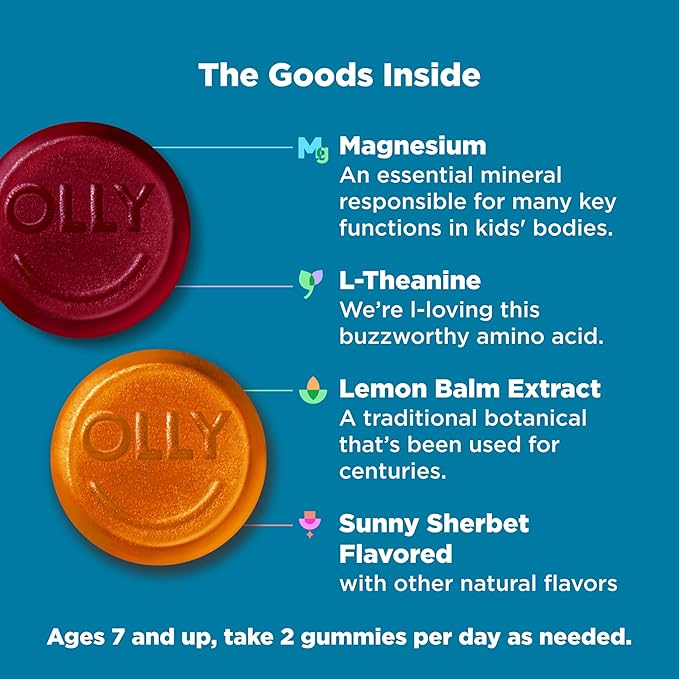 OLLY Kids Chillax Gummies Magnesium L-Theanine Lemon Balm Chewable Supplement Sherbet Flavor