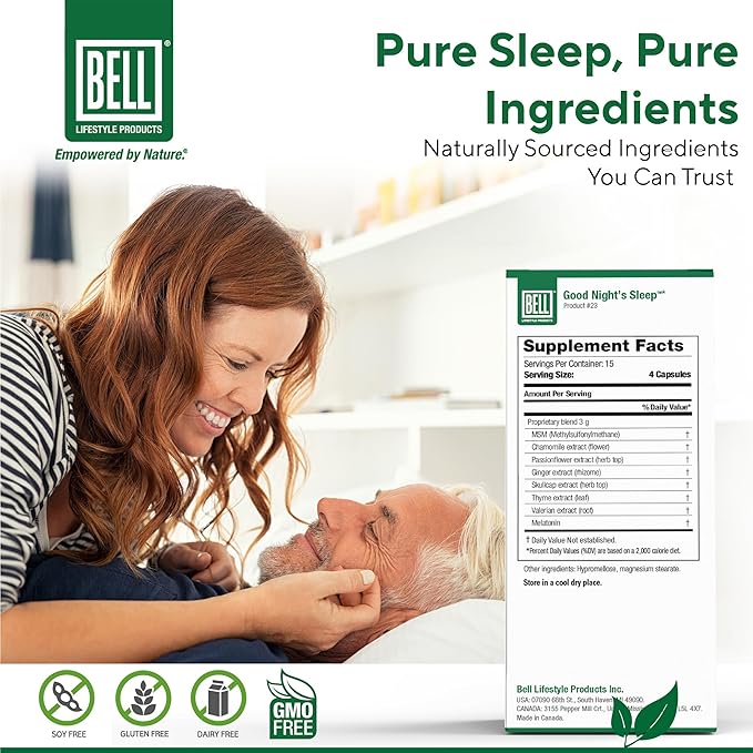 Bell Lifestyle Good Night's Sleep - Natural Sleep Support with Melatonin and Herbal Extracts Supports Relaxation &amp Sleep Patterns 60 Veggie Capsules
