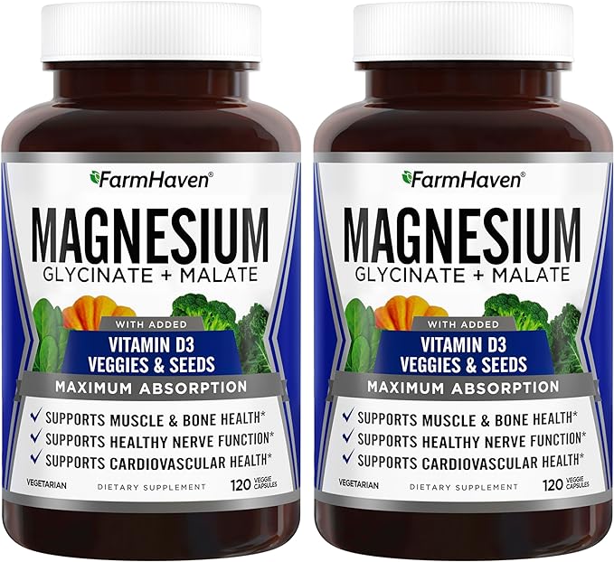 FarmHaven Magnesium Glycinate &amp Malate Complex w/Vitamin D3 100% Chelated for Max Absorption- Bone Health Nerves Muscles 240 Capsules 120 Days