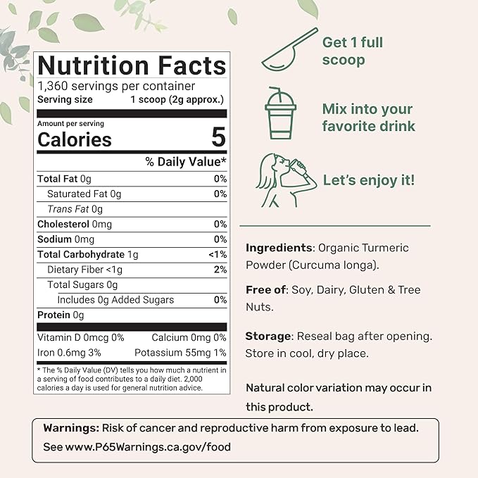 Organic Turmeric Powder 5 Pounds | Rich in Active Curcumin | Pure Turmeric Supplement | Antioxidant Support for Joint &amp Immune Health | Non-GMO Vegan Friendly India Origin