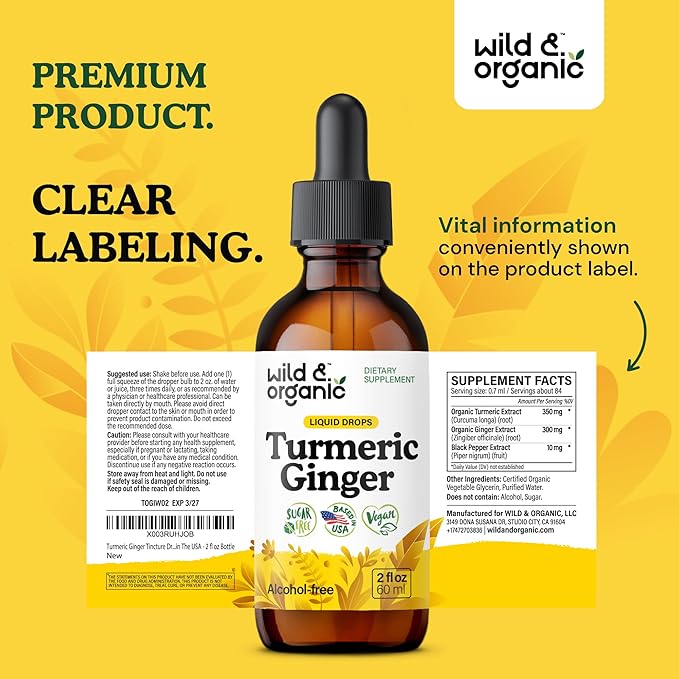 Wild &amp Organic Turmeric and Ginger Supplement Drops - Joint &amp Immune Support - Liquid Turmeric with Ginger and Black Pepper Extract - Curcumin Supplement - Vegan Sugar &amp Alcohol-Free Tinc