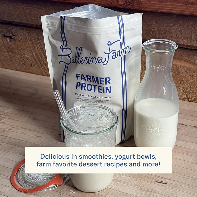 Ballerina Farm Grass Fed Whey Protein Powder Vanilla Bean + Strawberry Crème 24g Protein with Collagen Peptides Bovine Colostrum Hemp Hearts &amp Prebiotic Fiber No Added Sugar 40 Servings Tota