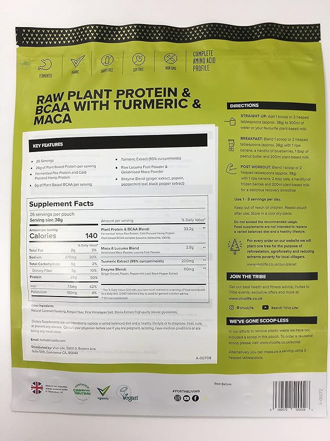 Vivo life Perform Plant Protein Powder - Pea &amp Hemp Protein Blend with BCAA (Salted Caramel 38.45 oz)