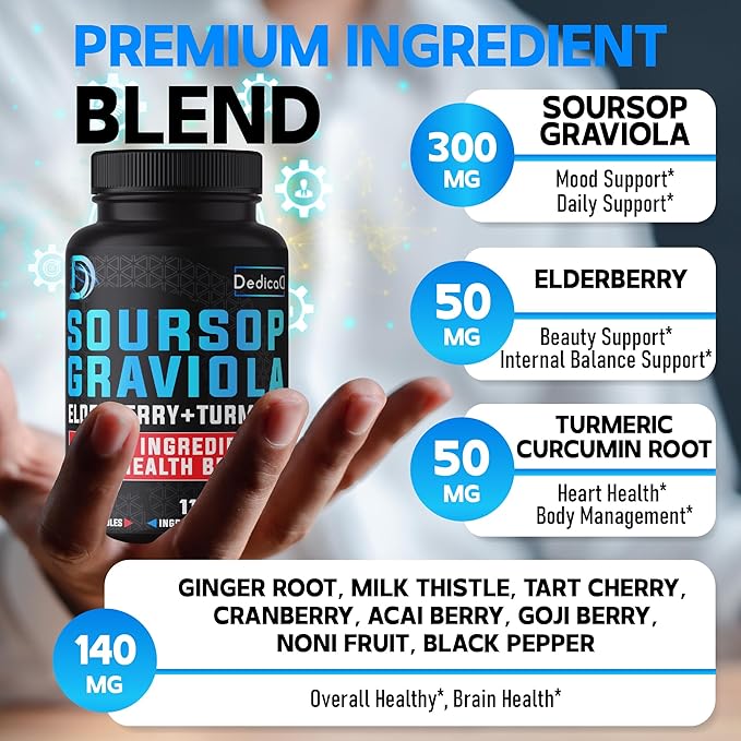 11in1 Graviola Soursop Capsules for 5 Months Supply with Soursop Fruit Elderberry Turmeric Ginger Milk Thistle Cranberry &amp More - Mood - 150 Vegan Capsules