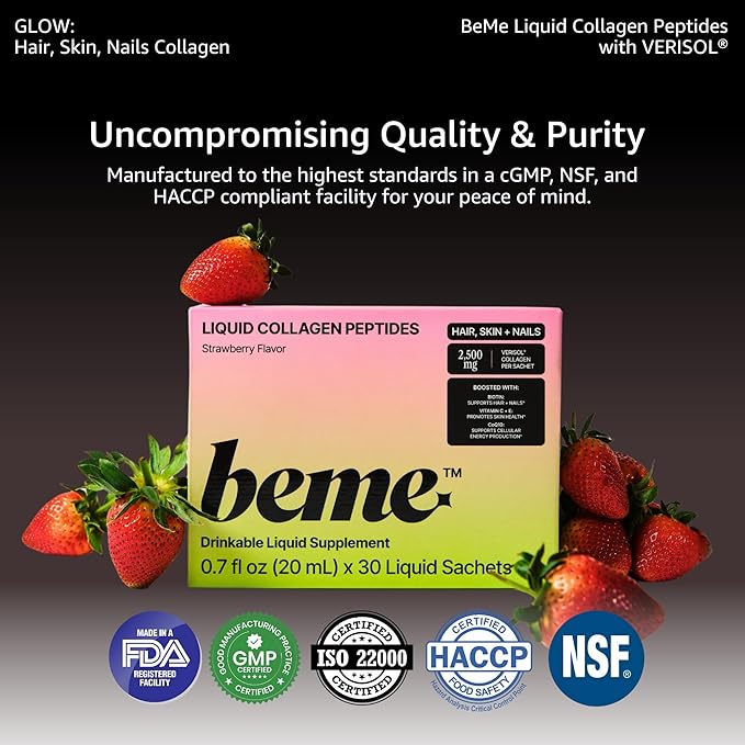 BeMe Liquid Collagen for Women — 2500mg Hydrolyzed Bovine Collagen Peptides Drink with Biotin &amp Vitamin C — Clinically Proven Collagen Supplement for Hair Skin &amp Nails — Strawberry 15 Sache