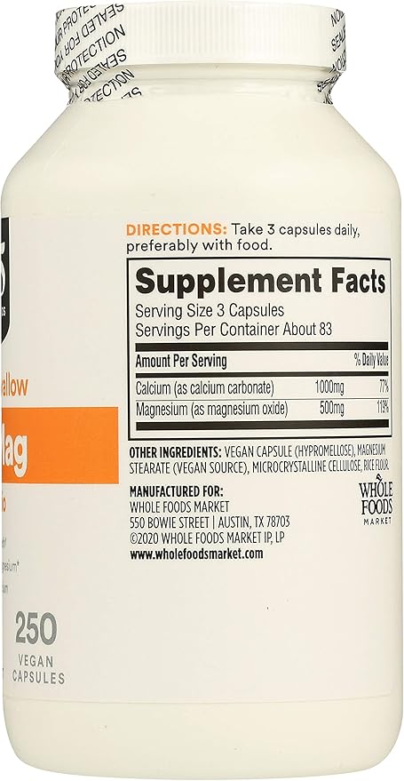 365 by Whole Foods Market Calcium 1000Mg Magnesium 500Mg Easy Swallow 250 Veg Capsules (Pack of 2)
