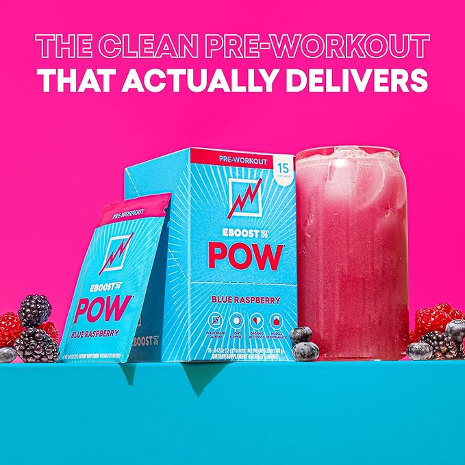 EBOOST POW Natural Pre Workout Powder - 15 Packets Blue Raspberry - Preworkout Energy Booster Gym Supplement Drink Mix for Men and Women - Performance Joint Mobility Support - Gluten-Free