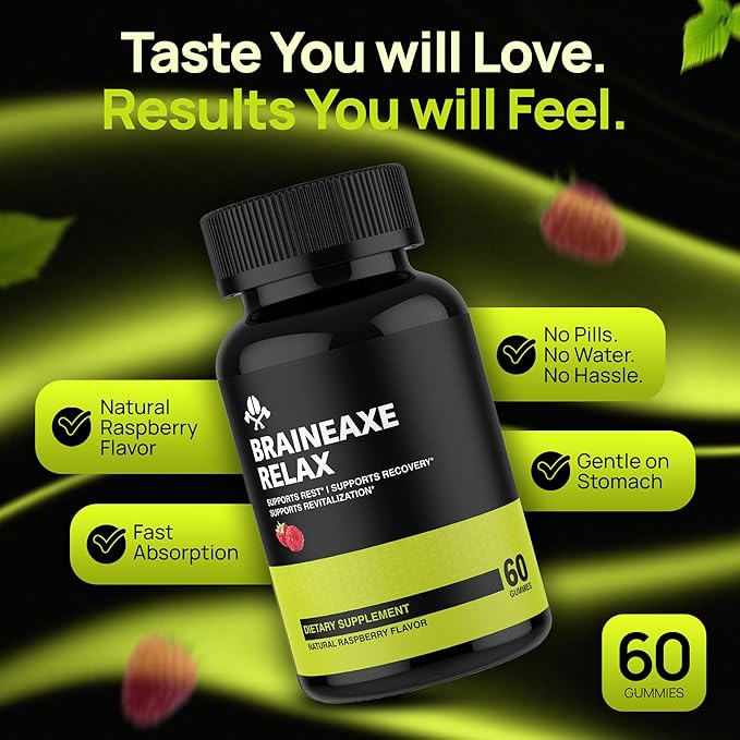 Brainaxe Relax Sleep Support Gummies for Adults – Melatonin-Free Natural Sleep Gummies Raspberry-Flavored Gummies Vegan Gluten-Free Non-GMO – 60 Gummies