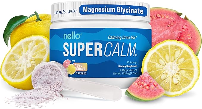 Nello Supercalm Powdered Drink Mix Yuzu Guava L Theanine Ksm-66 Ashwagandha Magnesium Glycinate Vitamin D 3 Supplements for Relaxation &amp Focus No Sugar Non GMO On The Go 30 Srvgs