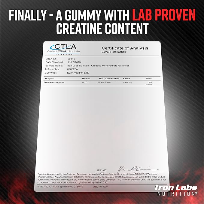Iron Labs Nutrition Creatine Monohydrate Gummies (180 Gummy Bears) - 3600mg Per Serving - LAB Tested - Strawberry Flavor - High Strength Creatina for Men &amp Women (180 Vegan Gummys)