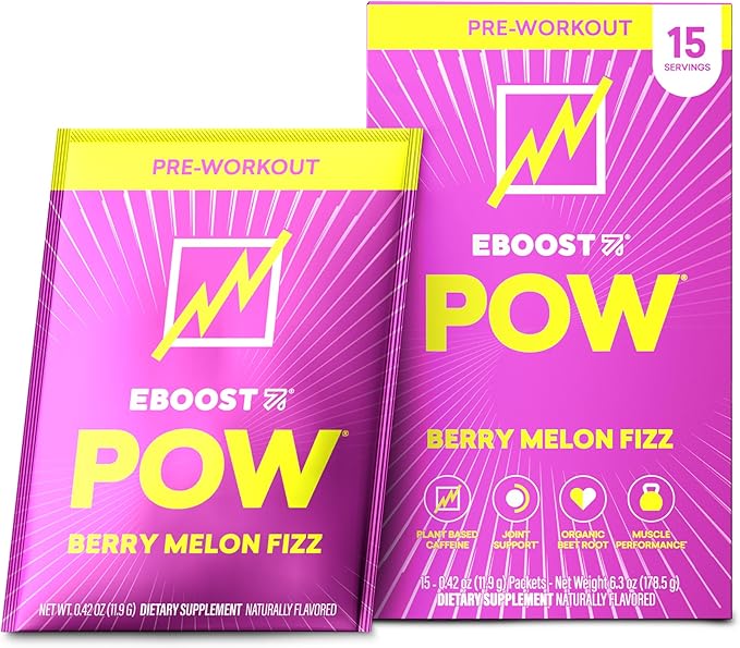 EBOOST POW Natural Pre Workout Powder - 15 Packets Berry Melon Fizz - Preworkout Energy Booster Gym Supplement Drink Mix for Men and Women - Performance Joint Mobility Support - Gluten-Free