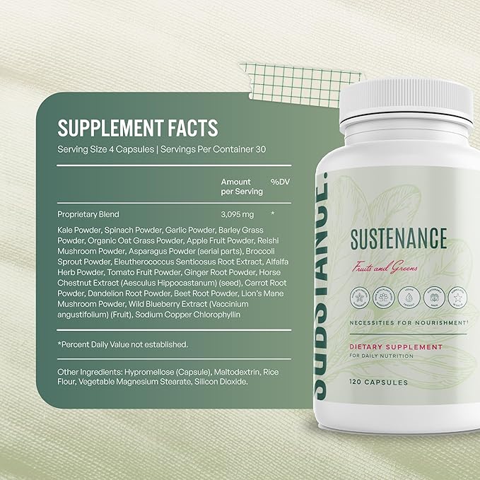 SUBSTANCE. - Nature's Sustenance Daily Greens Daily Fruit and Veggies Supplement - Enhance Energy Mental Clarity - Fruits and Vegetables Supplements - US Made Vegan-Friendly - 30 Servings.