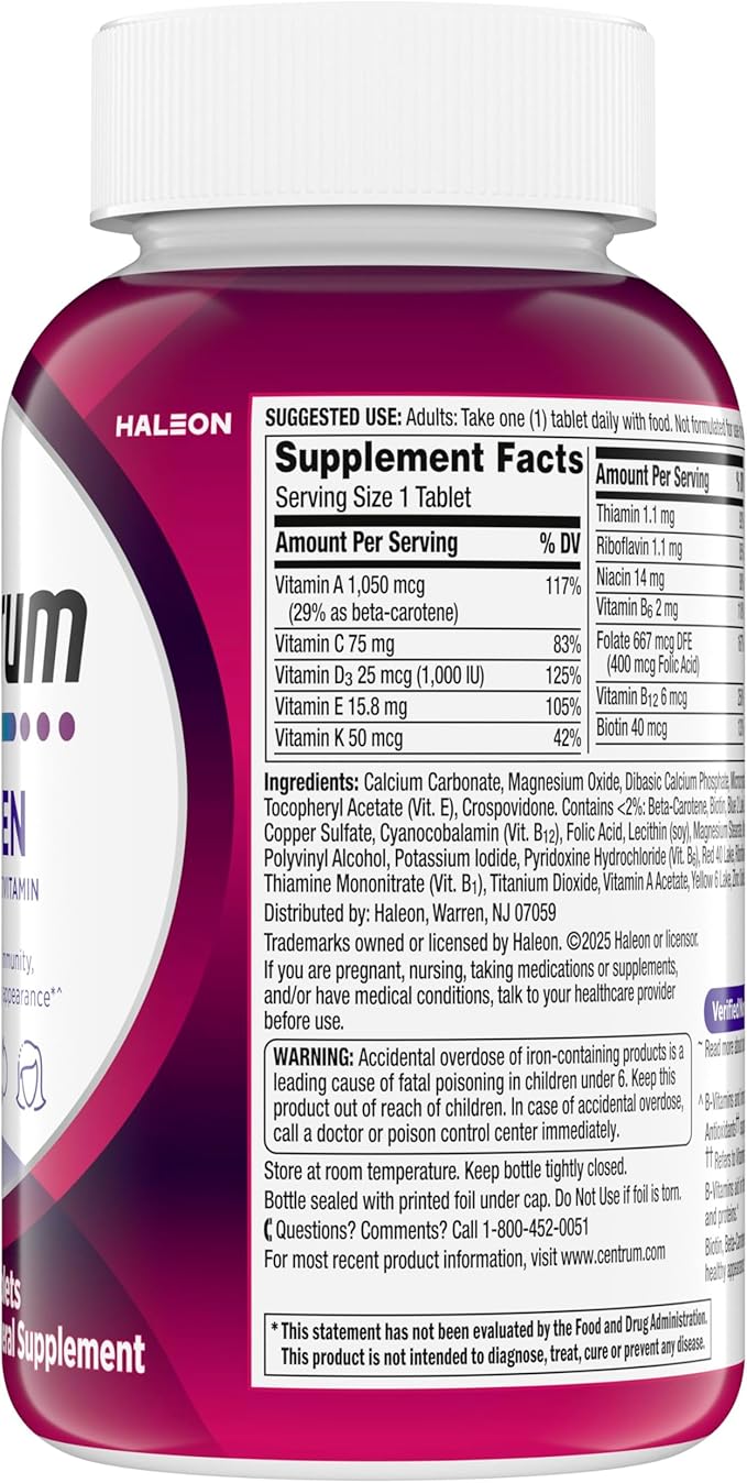 Centrum Multivitamin Tablet for Women Multivitamin/Multimineral Supplement with Iron Vitamin D3 B Vitamins and Antioxidant Vitamins C and E Gluten Free Non-GMO Ingredients - 200 Count