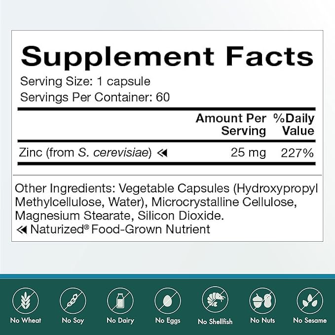 Natura Health Products 25 mg Zinc Supplement - Supports Cellular Health and a Healthy Immune Response - Highly Bioavailable Food-Grown Zinc (60 Capsules)