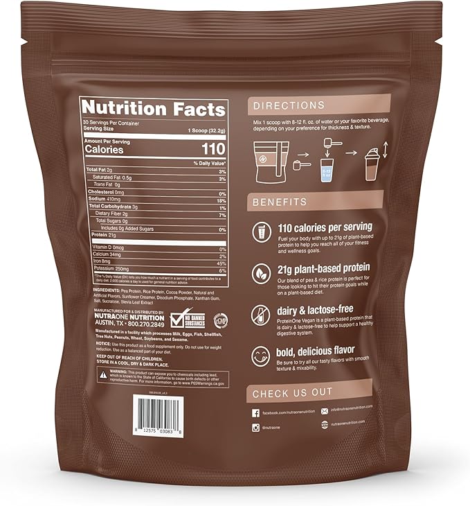 NutraOne ProteinOne Vegan Plant-Based Protein Powder Vegan Protein Powder Dairy-Free Pea and Rice Protein (Chocolate Milk)