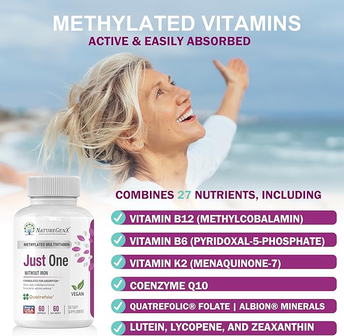 Just One Daily Methylated Multivitamin - 60 Caps Pure Methyl B12 Methylfolate MTHFR Support Supplement Iron Free Methylated Vitamins for Men &amp Women 2 Months Supply Gluten Free