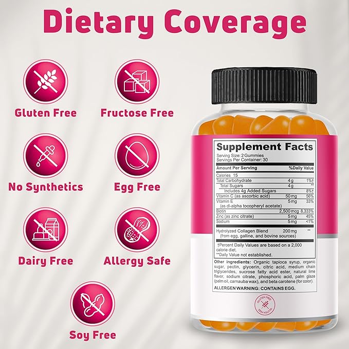 Hydrolyzed Collagen Gummies for Women &amp Men Hair Skin and Nails Support Biotin Collagen Gummies with Vitamins C E &amp Zinc Biotin 2500mcg Lime Flavor Gluten Free Non-GMO 60 Gummies