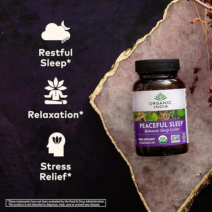ORGANIC INDIA Peaceful Sleep Herbal Supplement - Deep Sleep Aid for Adults Natural Herbal Aid Without Melatonin Supports Circadian Rhythm USDA Certified Organic Non-GMO - 90 Capsules