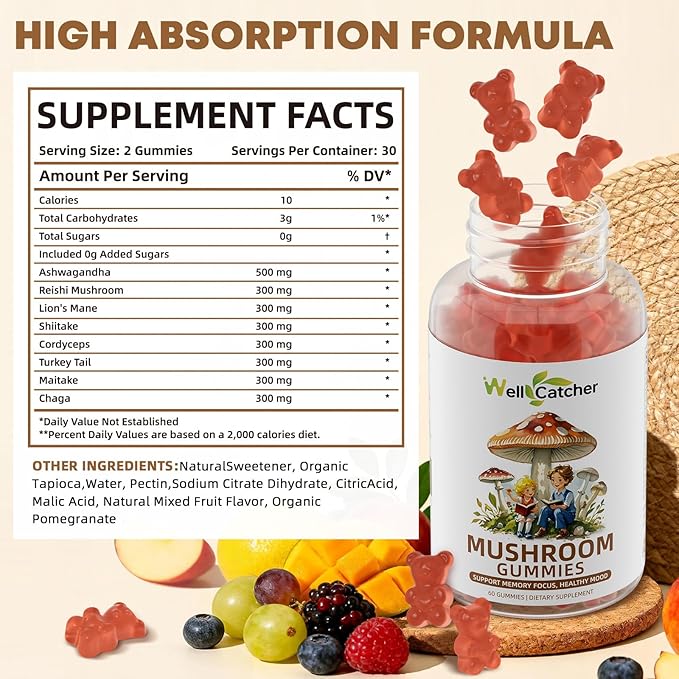 Saffron &amp Mushroom Complex Gummies for Kids Adults Support Focus Positive Mood Memory Sugar Free Organic No Artificial Colors &amp Flavors