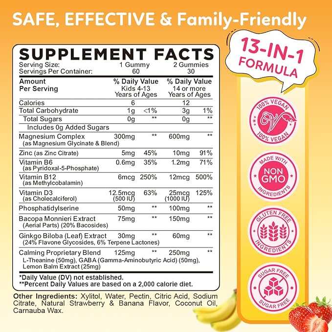 Magnesium Glycinate Gummies for Kids - with L-Theanine Ashwagandha Vitamin D3 K2 Magnesium for Kids - Sleep Calm Muscle Relaxation Cognitive Sugar Free Strawberry &amp Banana Filled Gummies 6