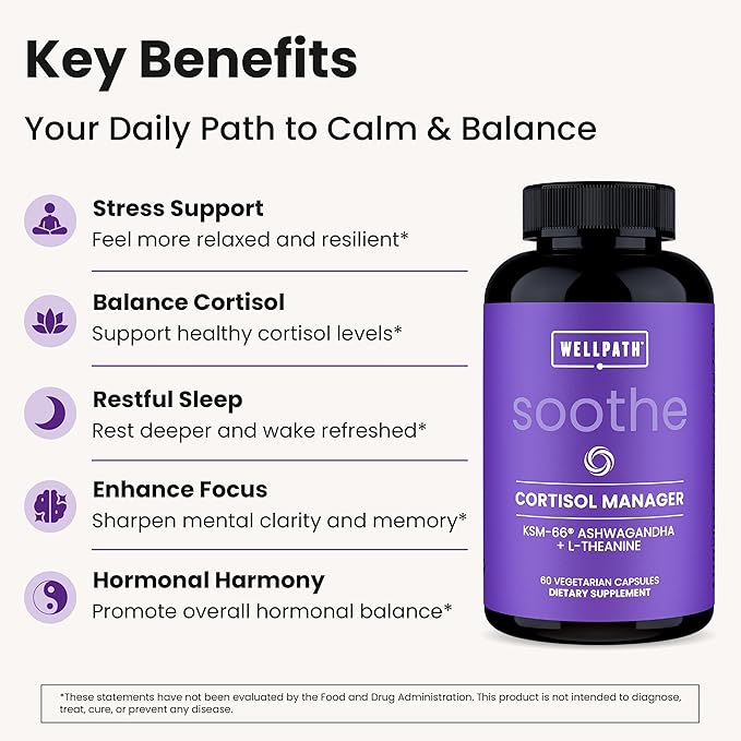 WellPath Soothe Cortisol Manager - Cortisol Supplements for Women with KSM-66® Ashwagandha &amp L-Theanine - Stress Support Detox - 11-in-1 Complex Vegan Made in USA Non-GMO 60 Ct