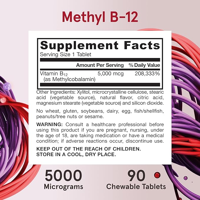 Jarrow Formulas Vitamin B12 5000 mcg - Maximum Strength for Cellular Energy and Brain Health 90 Cherry Chewable Tablets B12 Vitamins 5000 mcg