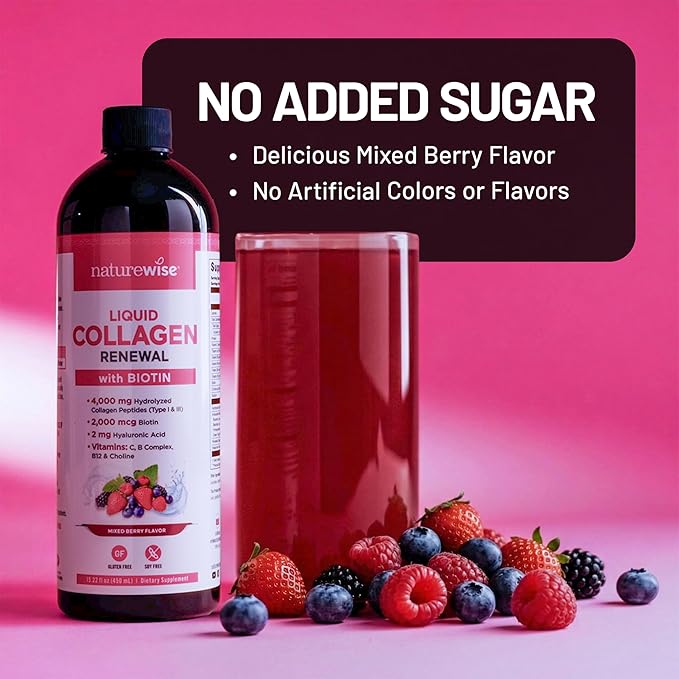 NatureWise Hydrolyzed Liquid Collagen for Women &amp Men 4000mg - Multi Collagen Peptides + Biotin + Vitamin C + Vitamin B Complex &amp Hyaluronic Acid - Mixed Berry - 15.22 fl oz[45 Day Supply]