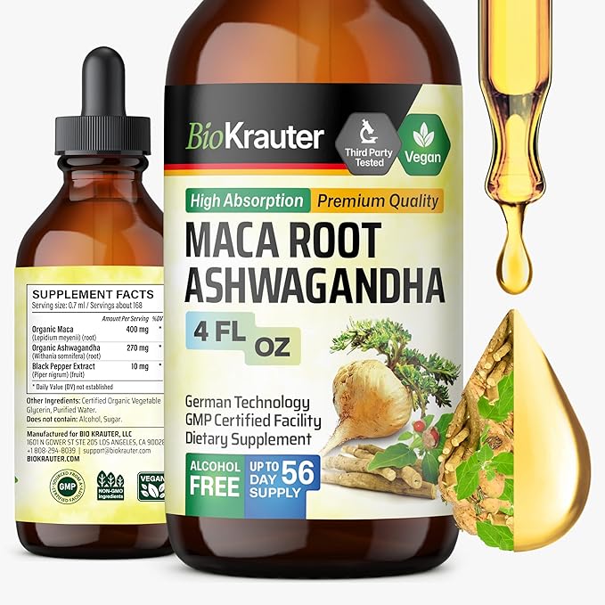 BIO KRAUTER Maca Root and Ashwagandha Tincture - Maca &amp Ashwagandha Supplements for Men &amp Women - Adaptogenic Liquid Supplement for Mood Support - Alcohol and Sugar Free Vegan Drops 4 Fl.Oz.