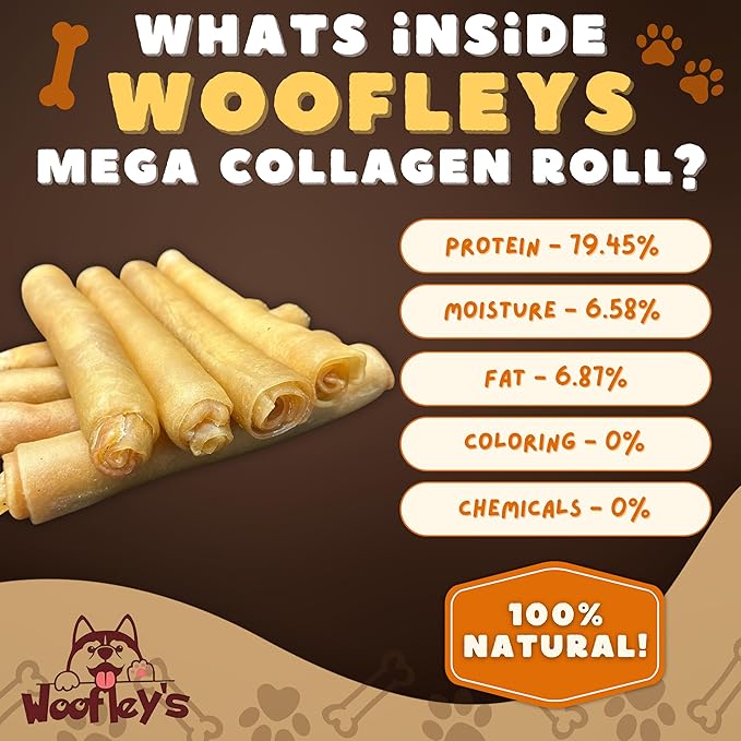 Woofley's Extra Thick Collagen Roll (10-12 Inch - 3 PCS) - Chews for Dogs - Bully Stick Rawhide Alternative Dog Chews No Hide Bones for Medium &amp Large Dogs