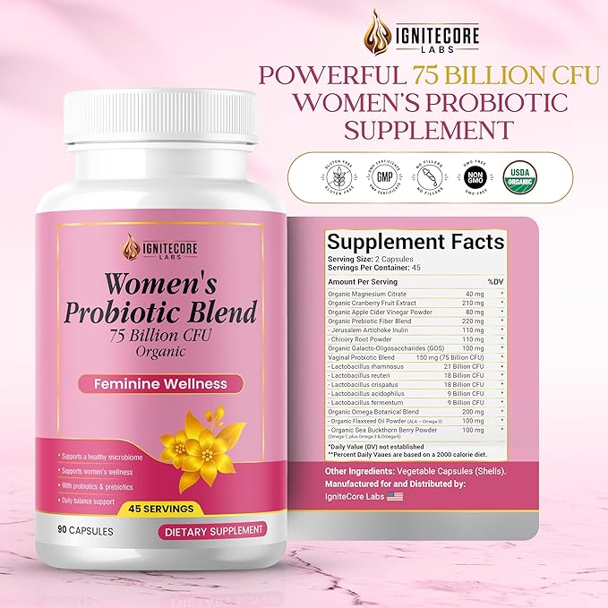 Women’s Probiotic Capsules – Daily Wellness Support with Probiotics &amp Prebiotics Non-GMO – 90 Capsules 45 Servings