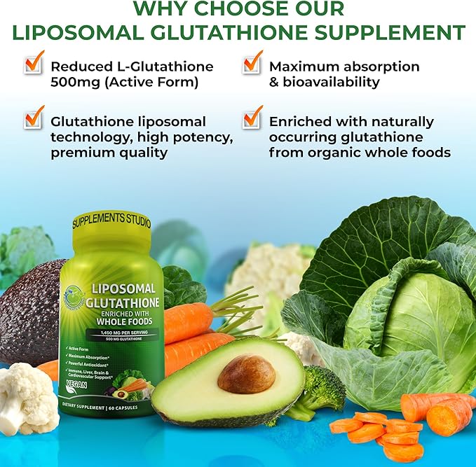 Daily Immune Antioxidant &amp Energy Support Bundle – Liposomal Glutathione 500mg with Whole Foods + Liposomal Vitamin C 1100mg Liquid Gel + Vegan Whole Food Multivitamin Without Iron