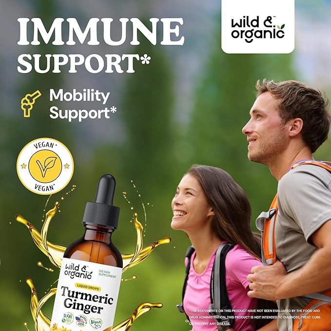 Wild &amp Organic Turmeric and Ginger Supplement Drops - Joint &amp Immune Support - Liquid Turmeric with Ginger and Black Pepper Extract - Curcumin Supplement - Vegan Sugar &amp Alcohol-Free Tinc