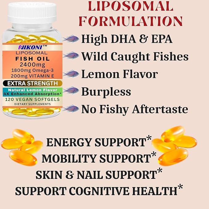 Nikoni Liposomal Lemon Flavor Fish Oil 2400 mg of Omega-3 with 200 mg of Vitamin E. 1200 mg of EPA+ 600 mg of DHA + 600 mg of Other Omegas-120 Vegan Softgels (No Animal Gelatin)