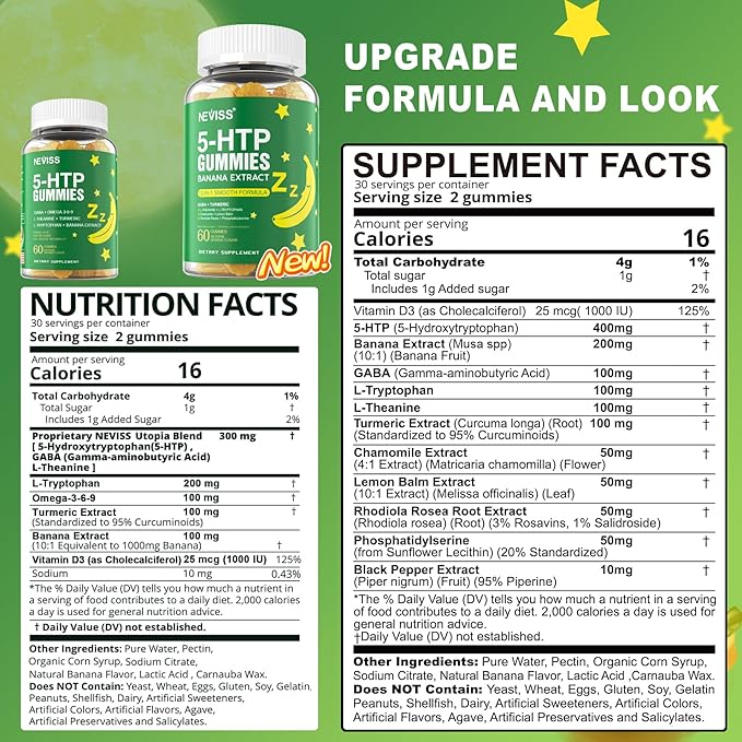 5-HTP 400MG Gummies + GABA - Melatonin Free - Relaxation Gummies with Banana Extract L-Theanine Turmeric L-Tryptophan D3 for Healthy Rest Cycle Circadian Rhythm Brain &amp Muscle Relax Pack of