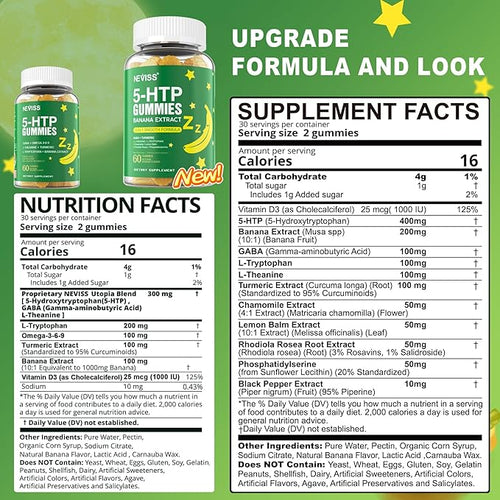 5-HTP 400MG Gummies + GABA - Melatonin Free - Relaxation Gummies with Banana Extract L-Theanine Turmeric L-Tryptophan D3 for Healthy Rest Cycle Circadian Rhythm Brain &amp Muscle Relax Pack of