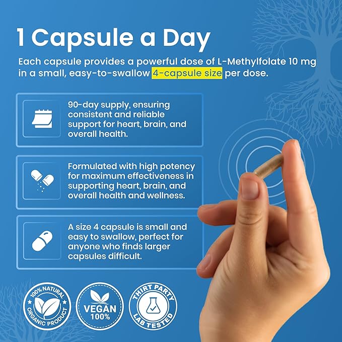 L Methylfolate 10mg | 90 Capsules | Optimized &amp Highly Bioactive Methyl Folate Supplement | 5-MTHF Supports for Energy Focus &amp Mood | Non-GMO Gluten Free Vegan | 3 Month Supply