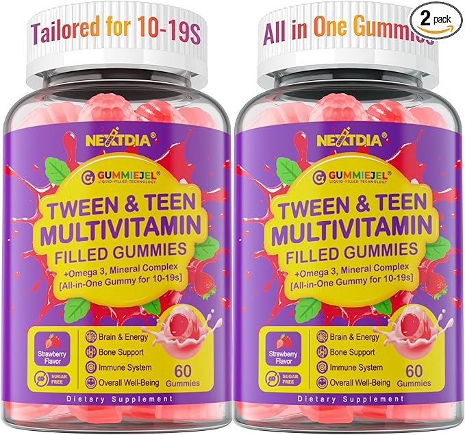 Multivitamin Filled Gummies for Teen Boys Girls 12-17 18 19 Kids 10+ Multivitamin with Omega 3 Calcium + Magnesium + Zinc Multi-Minerals for Adolescent 10-19S Brain Bone Energy Immune 2Pack