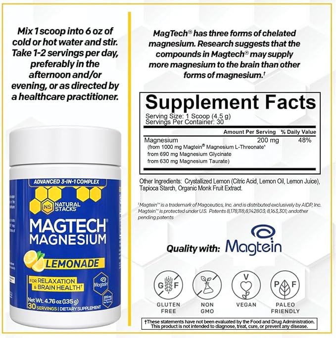 Magtein Magnesium L-Threonate Glycinate &amp Taurate - MagTech Magnesium Powder - Sugar Free Lemonade Drink - 200mg Chelated Triple Complex - Supports Relaxation &amp Brain Health* - 30 Servings
