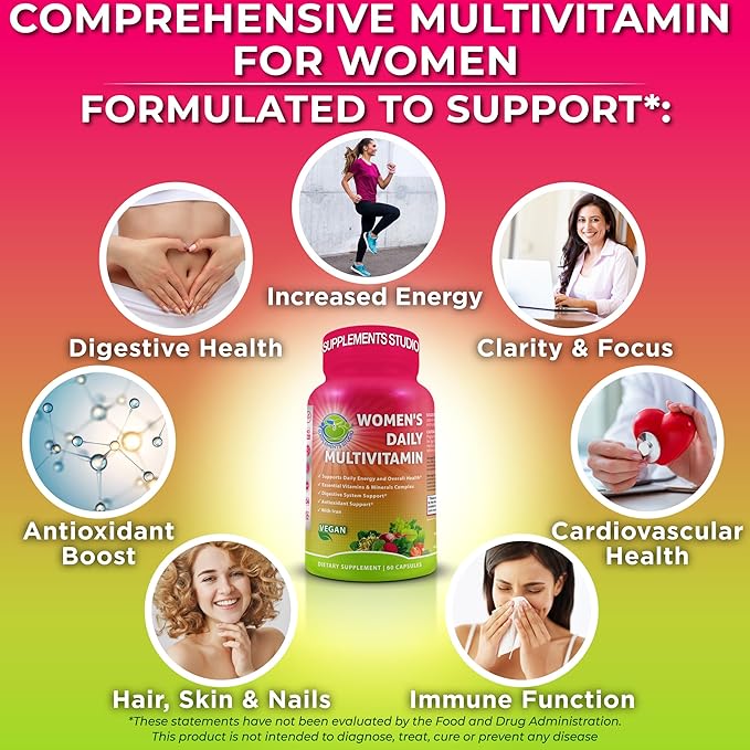SUPPLEMENTS STUDIO Immune Energy &amp Wellness Support Bundle - Women's Daily Multivitamin with Iron + Quercetin 500mg with Bromelain Zinc &amp Vitamin C – Vegan Non-GMO Clean Daily Wellness Sup