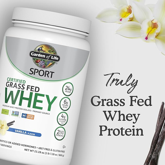 Garden of Life Sport Grass Fed Whey Protein Powder – 24g Whey Protein Isolate for Women &amp Men with Probiotics &amp Glutamine Non-GMO Gluten-Free Cold-Processed Vanilla Flavor 20 Servings