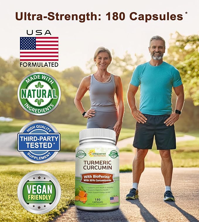 aSquared Nutrition Turmeric Curcumin 1600mg with BioPerine Black Pepper Extract - 180 Capsules with 95% Curcuminoids 100% Natural Tumeric Root Powder Supplements Natural Joint Stiffness Relief Pills