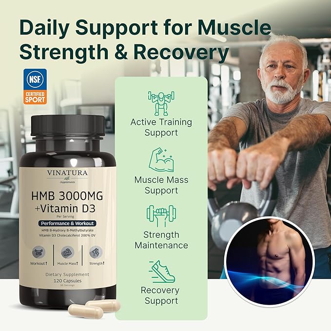VINATURA HMB 3000mg and Vitamin D3 Supplement - HMB (Beta-Hydroxy Beta-Methylbutyrate) Vitamin D3 (1600 IU) Made in USA &amp NSF Certified for Sport - 120 Capsules