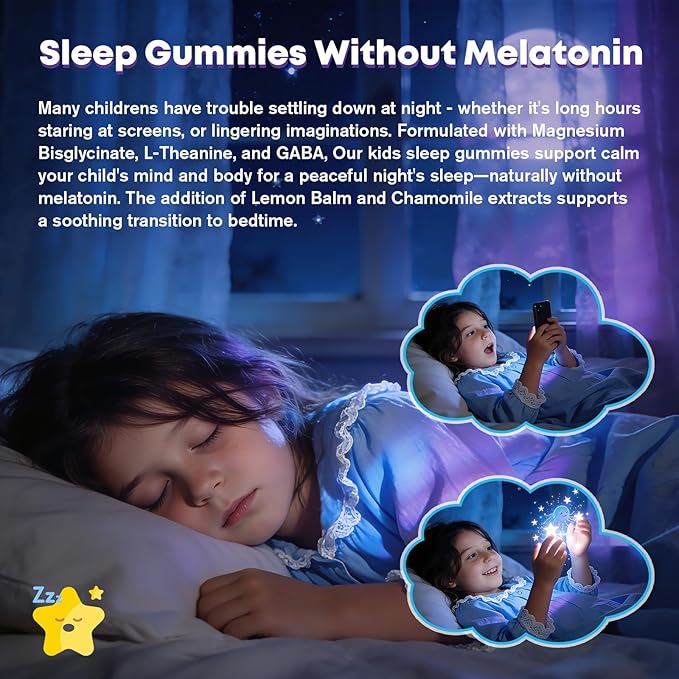 Kids Sleep Gummies Magnesium Glycinate 100/200 mg + 200/400 mg Calcium Citrate for Kids 4+ w/L-Theanine B6 Zinc D3K2 &amp GABA Lemon Balm Chamomile Extract for Zzz &amp Relax Bone Muscle -1