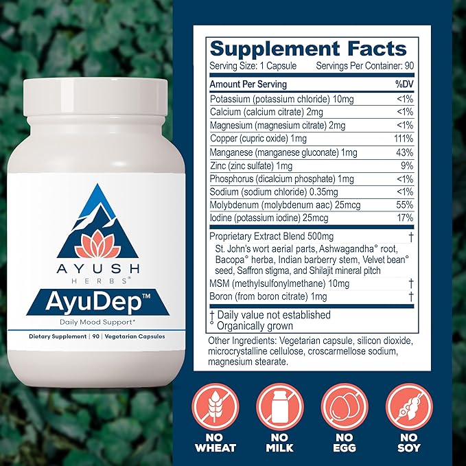Ayush Herbs AyuDep - Saffron &amp Ashwagandha Supplements Uplifting Formula for Women &amp Men Herbal Support for Adults - 90 Vegetarian Capsules (1 Count)