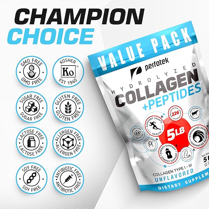 Collagen Powder for Women Men (5Lb) Types I &amp III Unflavored Easy to Mix Hydrolyzed Protein Peptides Non-GMO Grass-Fed Gluten-Free Kosher Pareve Healthy Hair Skin Joints and Nails