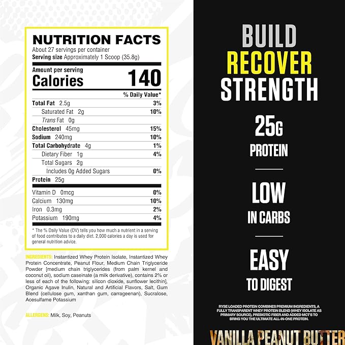 RYSE Loaded Protein Powder - Vanilla Peanut Butter - 25g Whey Protein Isolate &amp Concentrate with Prebiotic Fiber &amp MCTs - Low Carb Low Sugar Digestive-Friendly - 27 Servings / 2 lb Tub