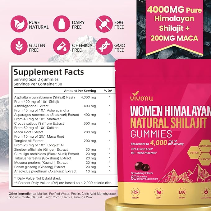 VivoNu Shilajit for Women Contains Tongkat Ali Ashwagandha* Ginger Saffron for hormonal* Balance &amp Energy | Tasty Shilajit Strawberry Flavor with Pure Himalayans Shilajitn* (1 Bag)