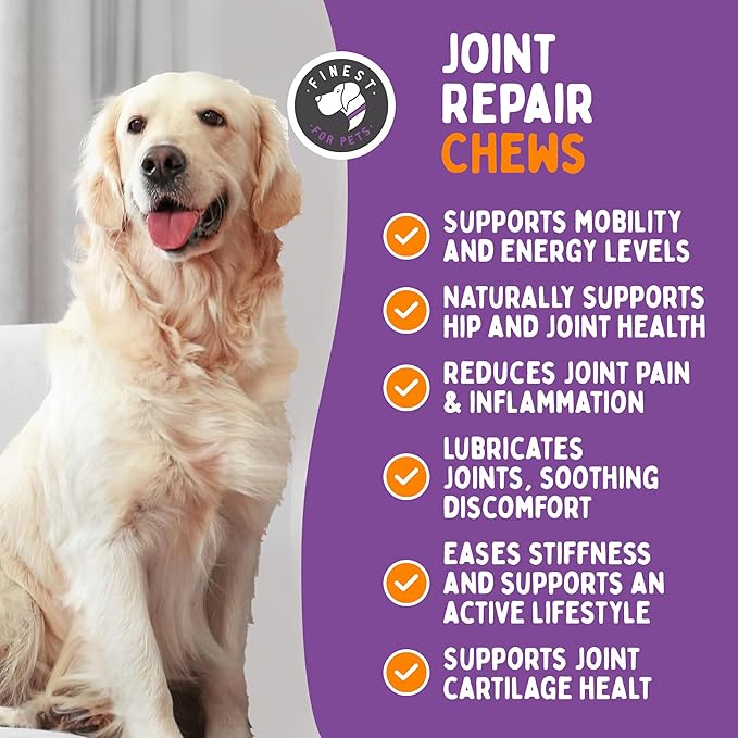 Joint Repair Dog Hip and Joint Supplement with Glucosamine Chondroitin Omega 3 MSM &amp Turmeric. Supports Hip &amp Joint Health Mobility &amp Cartilage Development. 120 Chicken Flavor Chews M