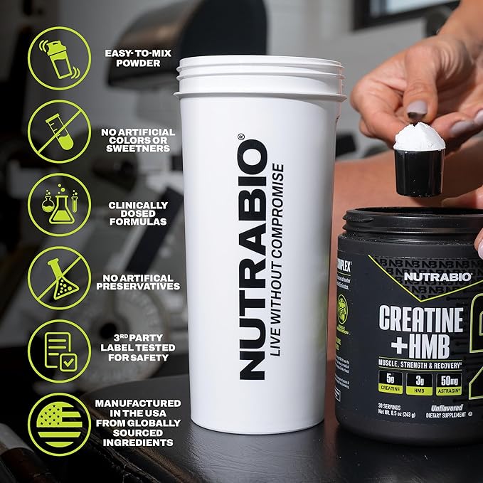 NutraBio Creatine + HMB- Creatine Monohydrate with HMB Powder for Muscle Growth Increased Strength- 30 Servings (Unflavored)
